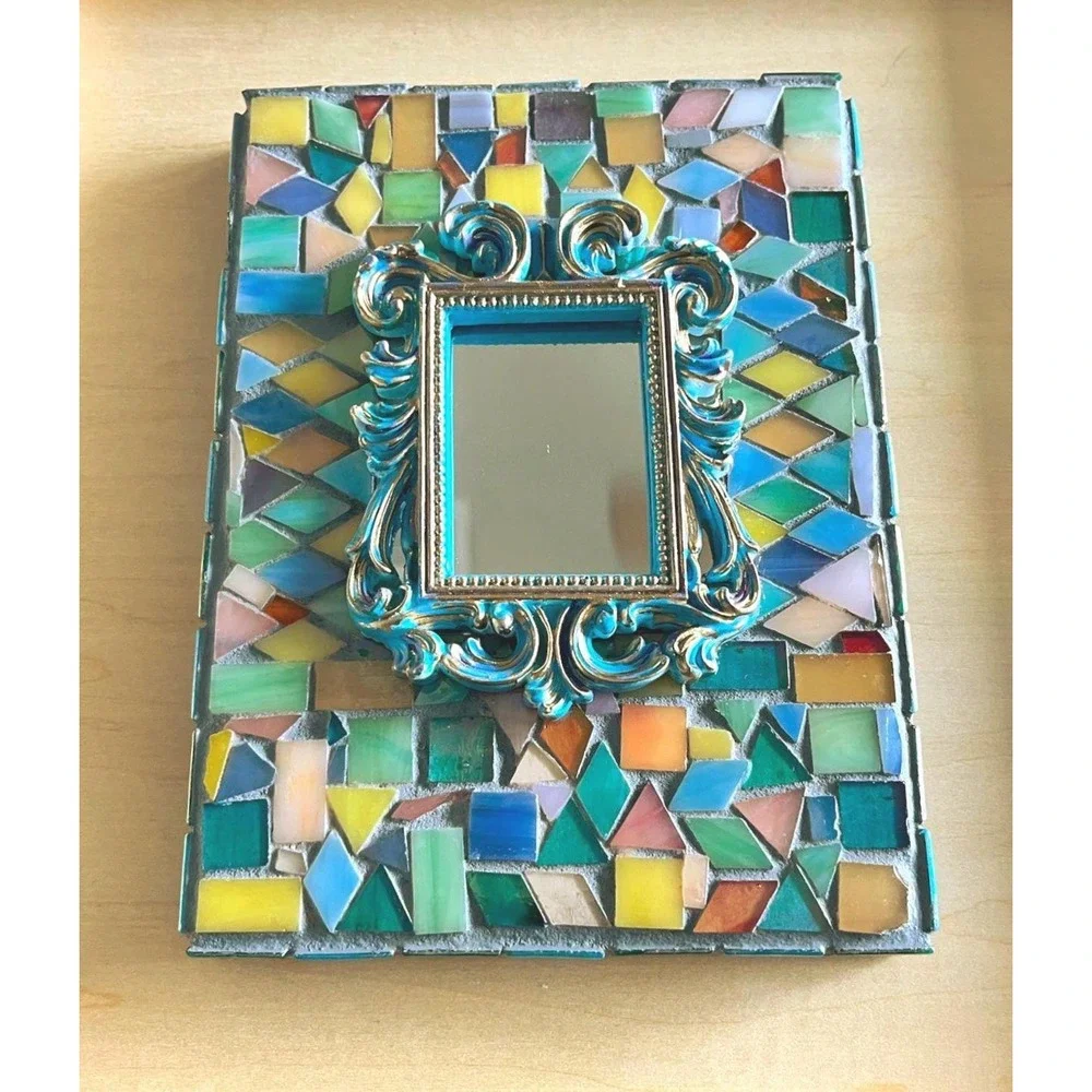Stained Glass Mosaic Mirror Frame Colorful Handmade Glass Tile Boho Decor 8x6